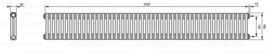 Схема (чертеж) Радиатор Zehnder Charleston 2019/47 №7610 Белый глянцевый RAL 9016